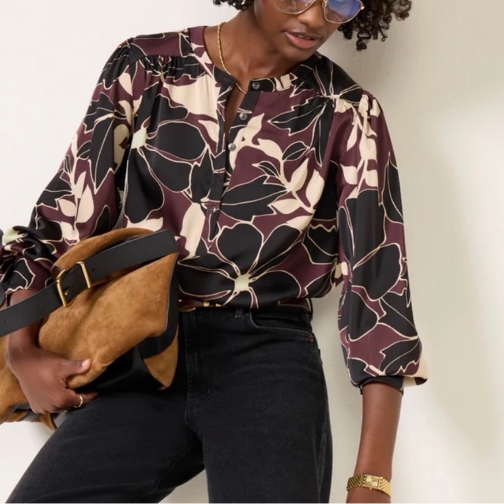 Evereve Floral Print Button-Neck Blouse in Burgundy, Black & Cream